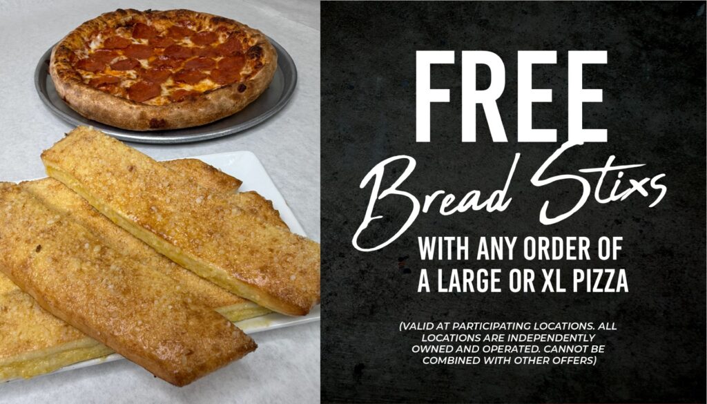 Free Pizza World bread stix with any large or extra-large pizza order.