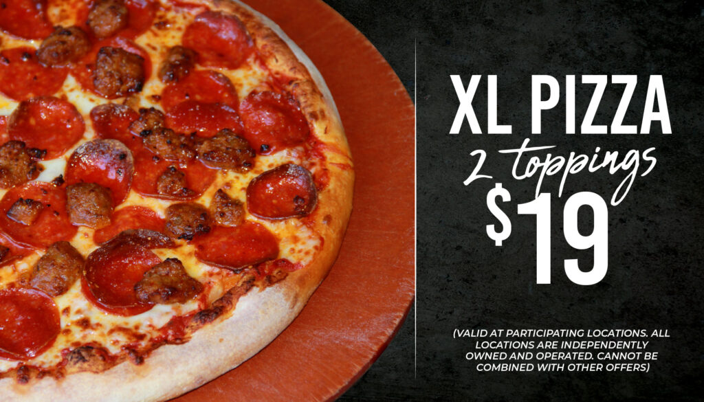Extra-large Pizza World pizza with two toppings for $19.